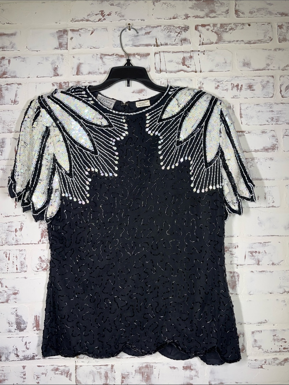 Sténay Vintage Silk Beaded Black and White Sequin Short Sleeve Top Size 8